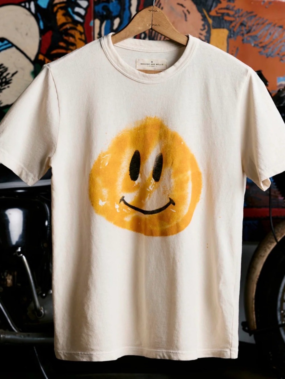 imogene + willie Cream Tee with Yellow Smiley Graphic new with FLAW